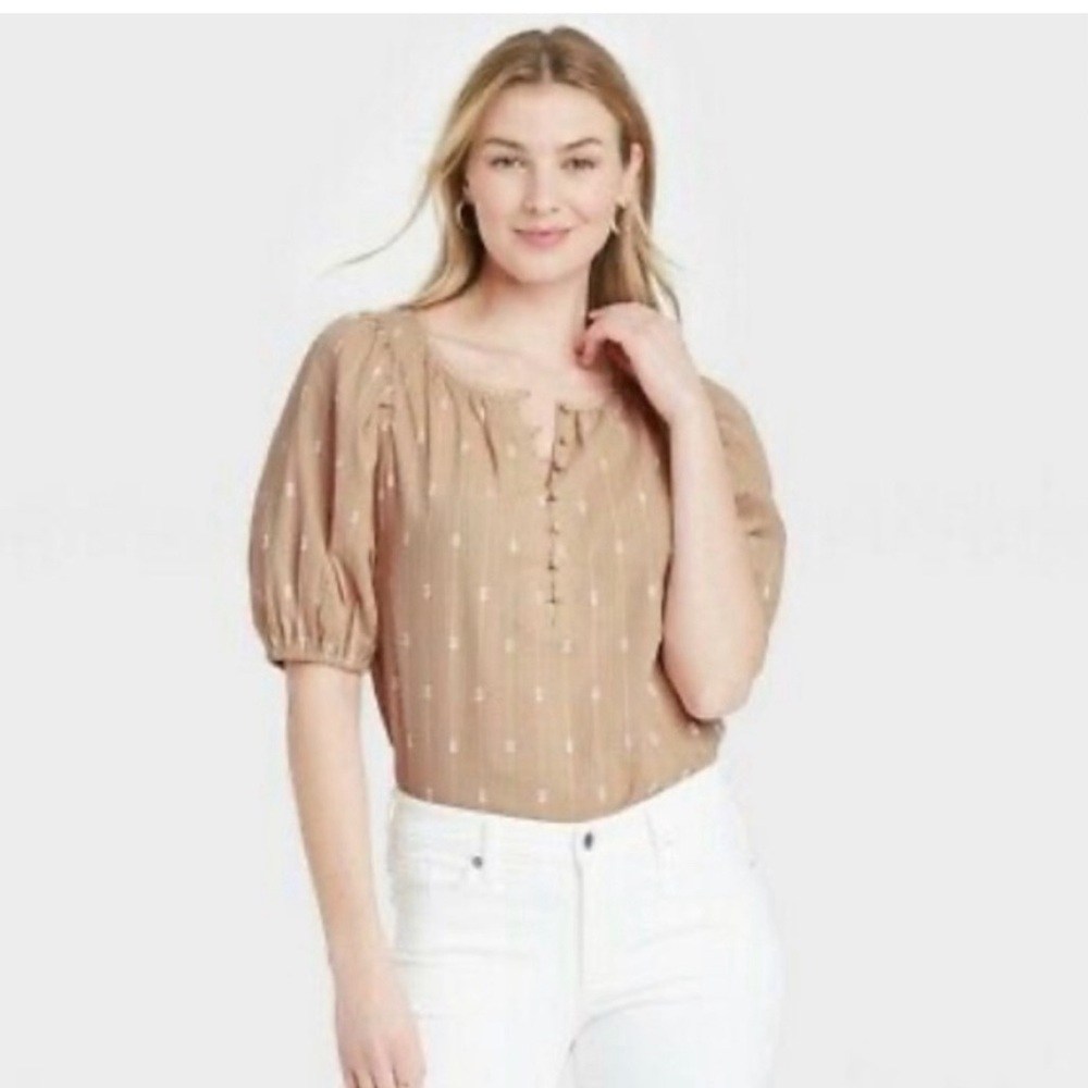 Universal Thread Cream and White Embroidered Puff Sleeve Blouse Top